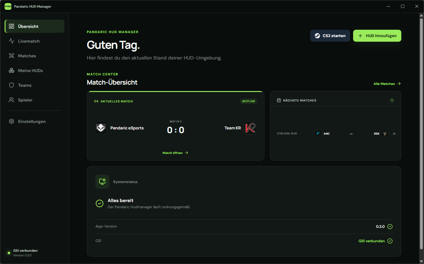 Dashboard des Pandaric HUD Managers mit Match-Übersicht und Systemstatus